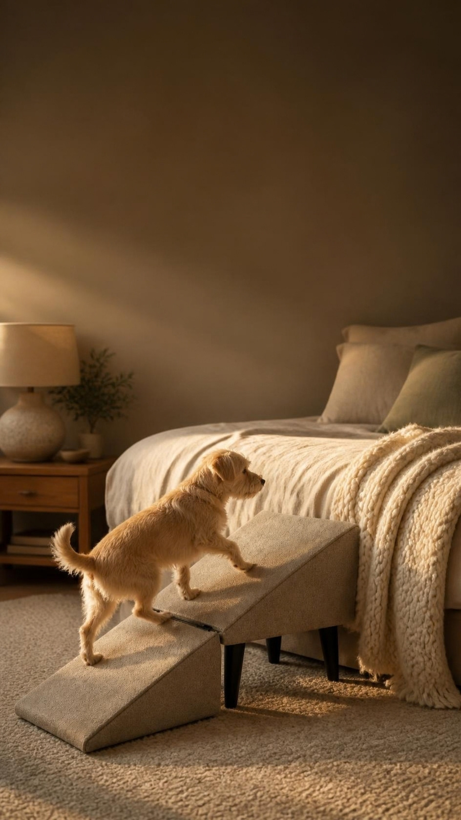 Small dog walking up the WagStep ramp onto a bed