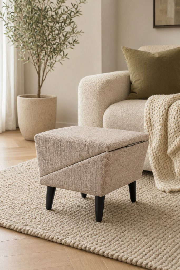 WagStep in footstool mode, an oatmeal upholstered ottoman with black legs beside a cream sofa