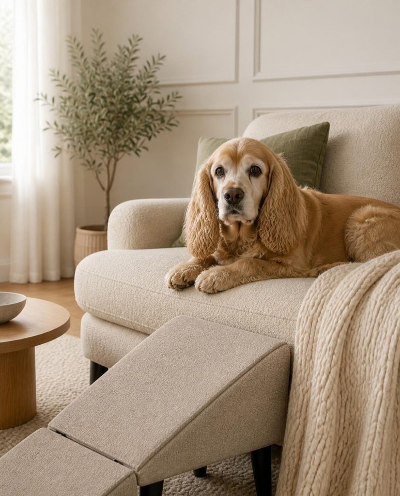 Senior cocker spaniel resting on the sofa beside the WagStep ramp